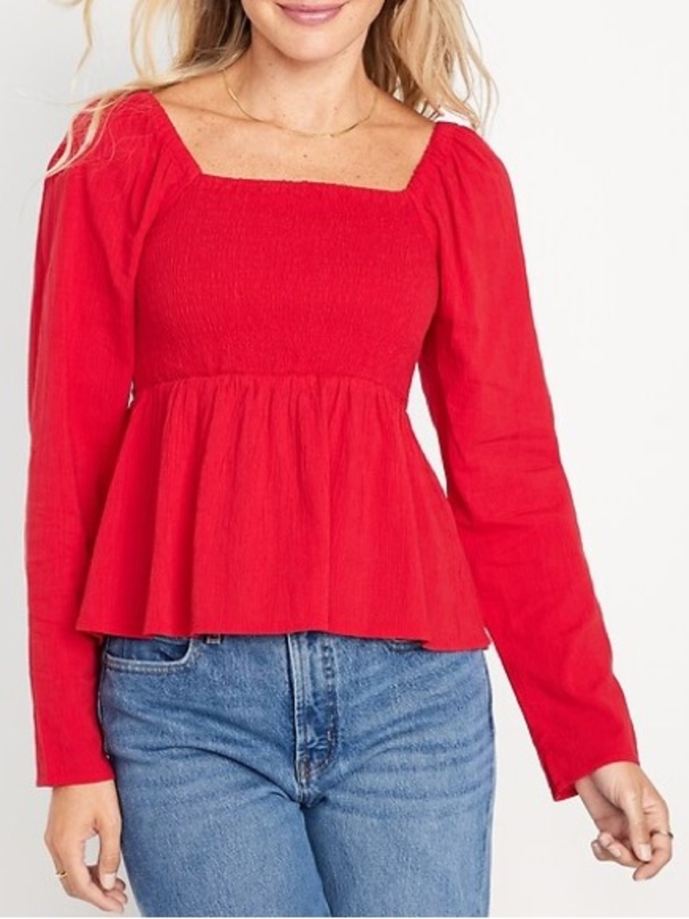 Old Navy Red Square-Neck Peplum Long-Sleeve Top